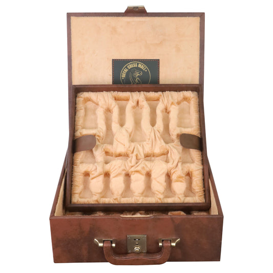 Tan Brown Leatherette Coffer Storage Box for Chess Pieces - 3.5" To 4.1" Chessmen - With Tray