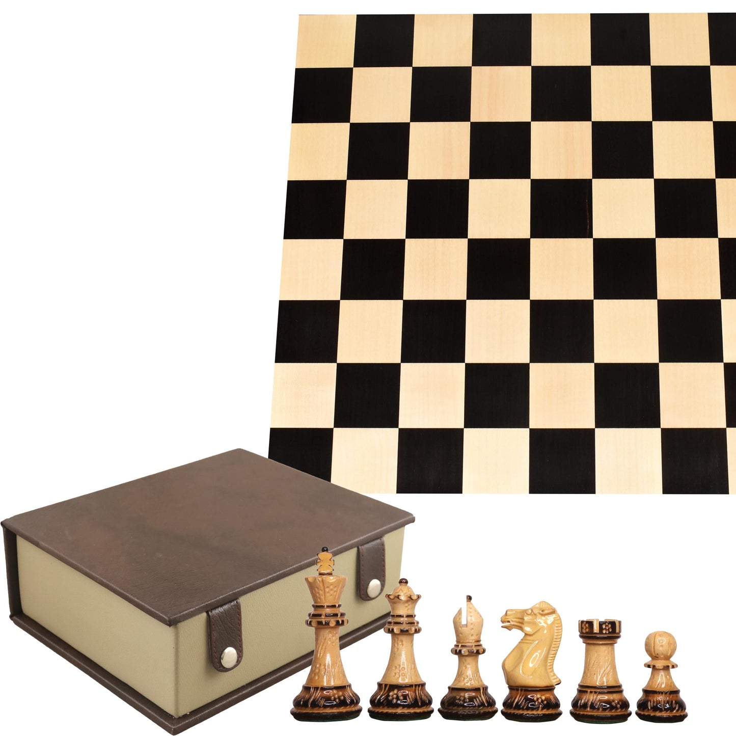 Combo of 4" Professional Staunton Chess Set - Pieces in Lacquered Burnt Boxwood with Board and Box