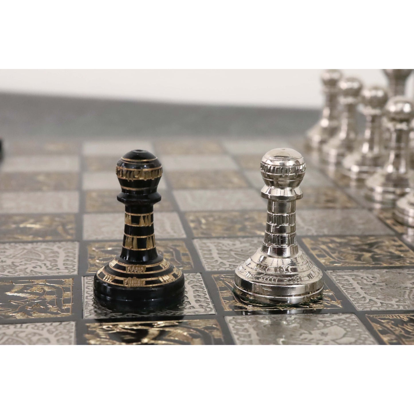 Classic Staunton Brass Metal Luxury Chess Pieces & Board Set - 12"- Silver and Black