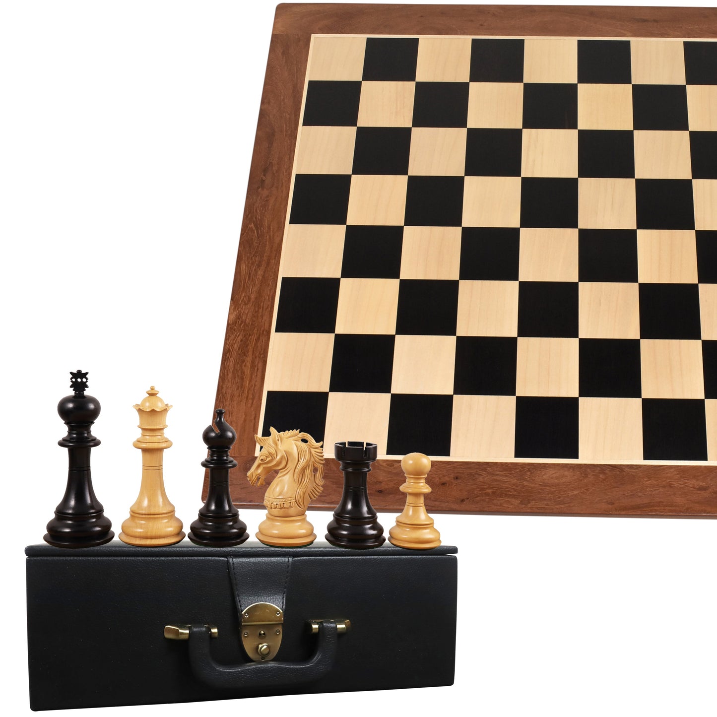 Combo of 4.6" Prestige Luxury Staunton Ebony Chess Pieces with 23" Large Ebony & Maple Wood Chessboard and Storage Box