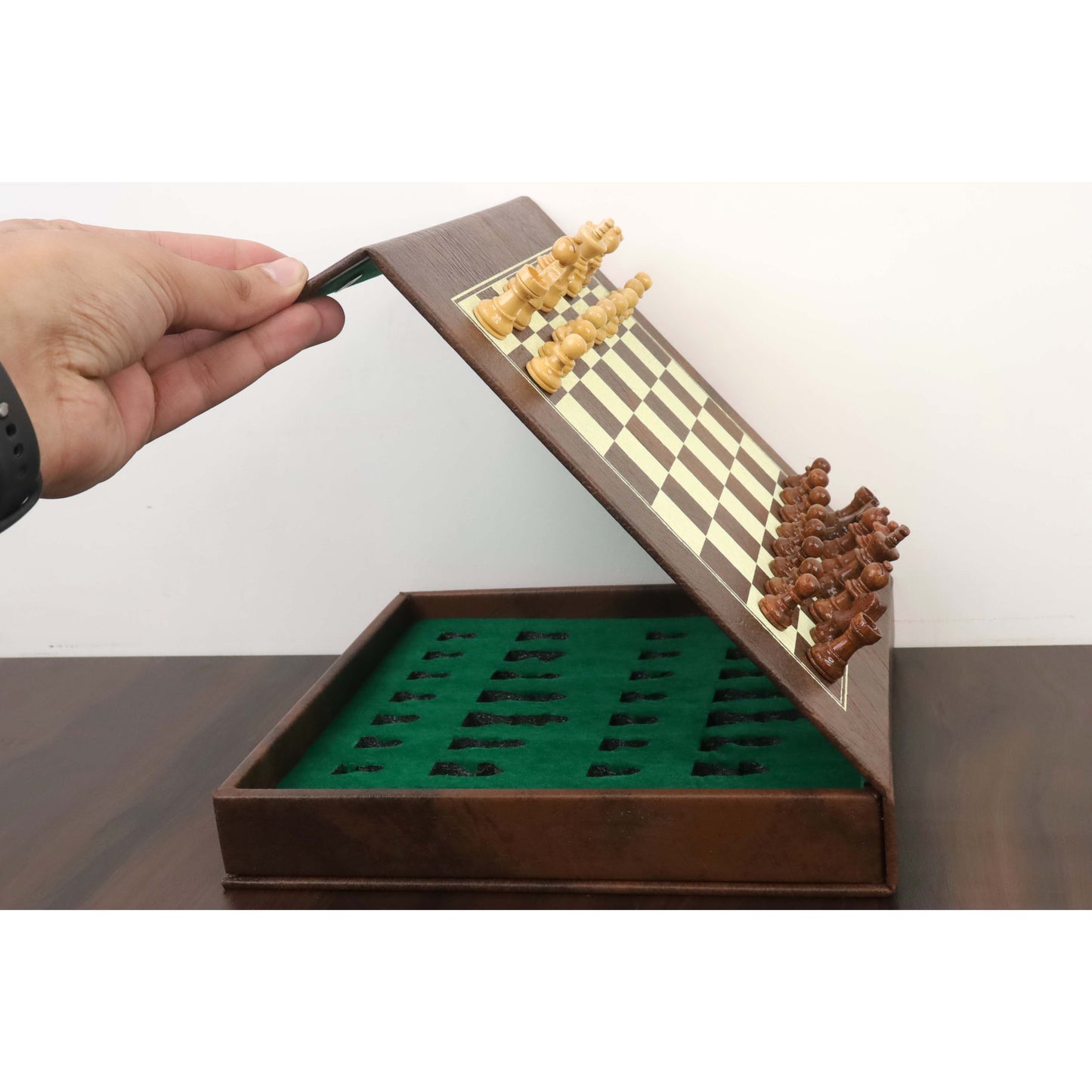 Leatherette 10 inch Travel Chess set & Storage- With Wooden Magnetic Pieces