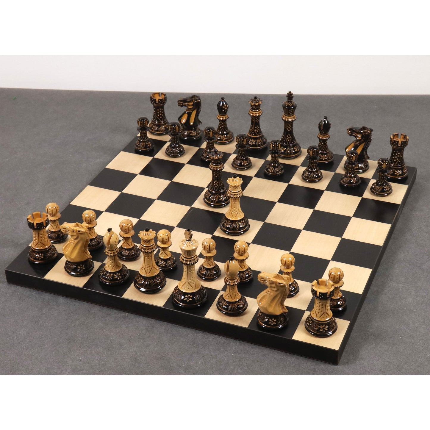 Combo of 4" Professional Staunton Chess Set - Pieces in Lacquered Burnt Boxwood with Board and Box