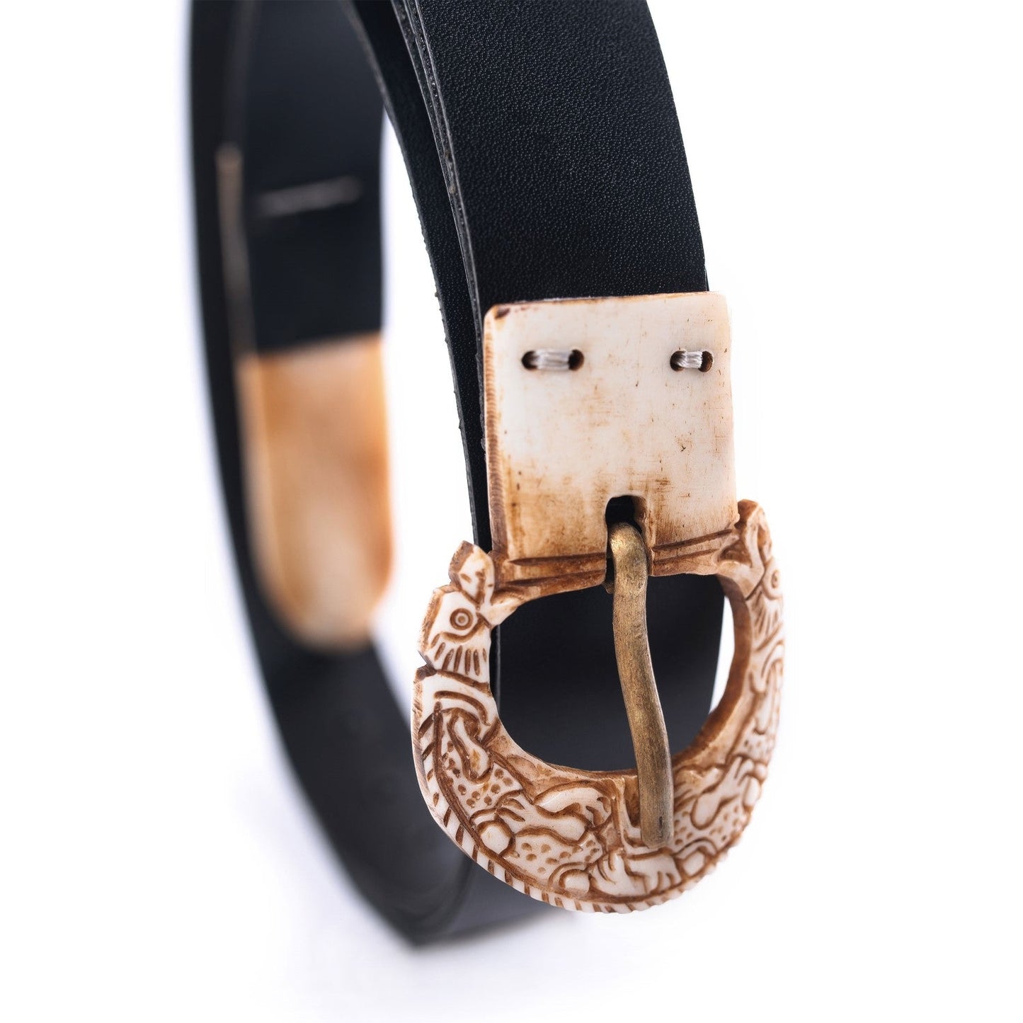 Viking Leather Belt with Hand-Carved Bone Buckle & Tip