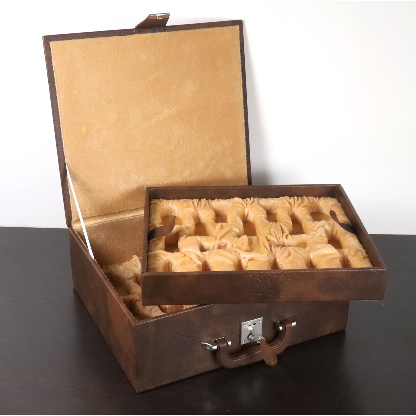 Tan Brown Leatherette Coffer Storage Box for Chess Pieces of 4.2" to 4.7" King