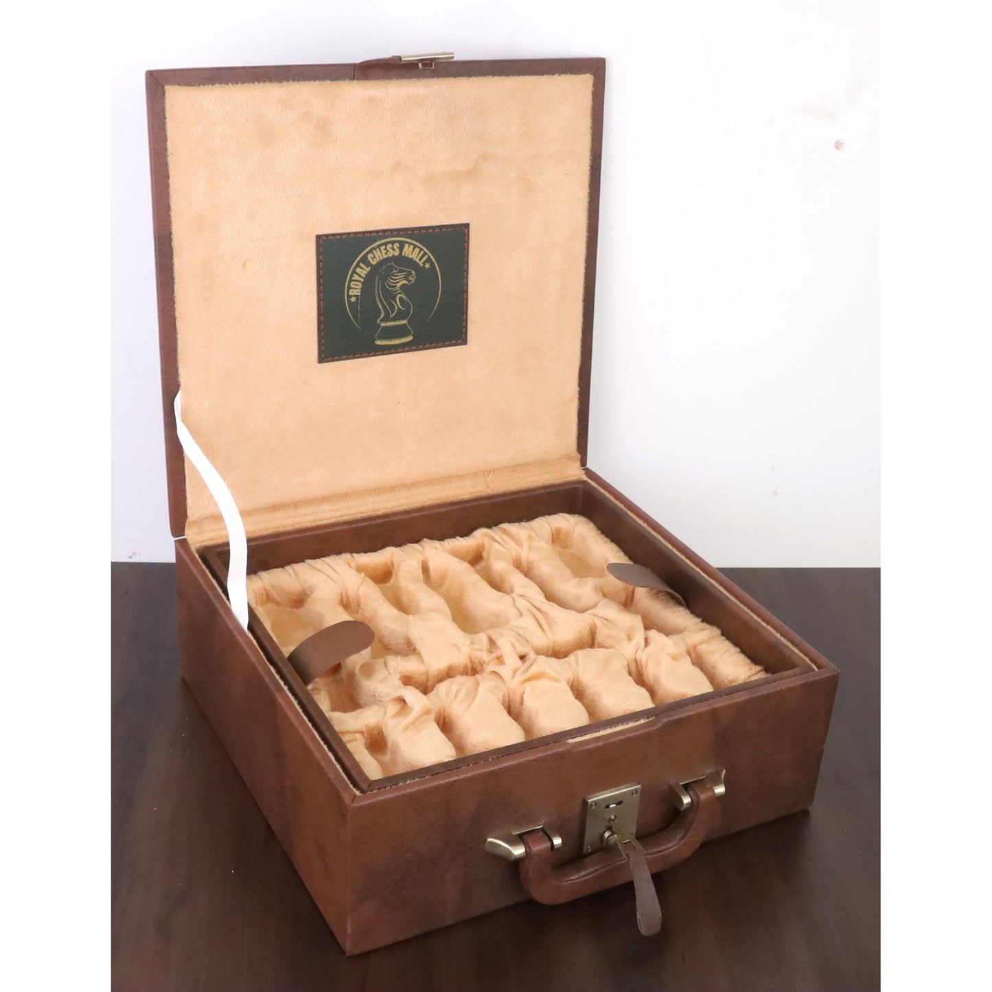 Tan Brown Leatherette Coffer Storage Box for Chess Pieces - 3.5" To 4.1" Chessmen - With Tray