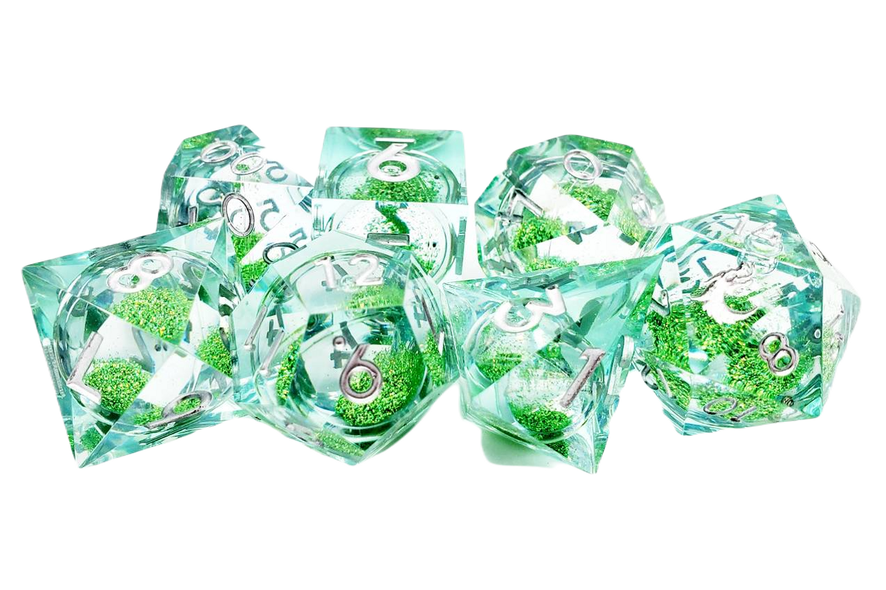 Old School 7-Piece Sharp Edged Dice Set: Liquid Infused - Emerald Fury